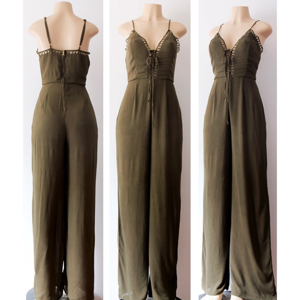 Last☝️Olive Laced Up V Neck Wide Leg Long Jumpsuit - Picture 2 of 8